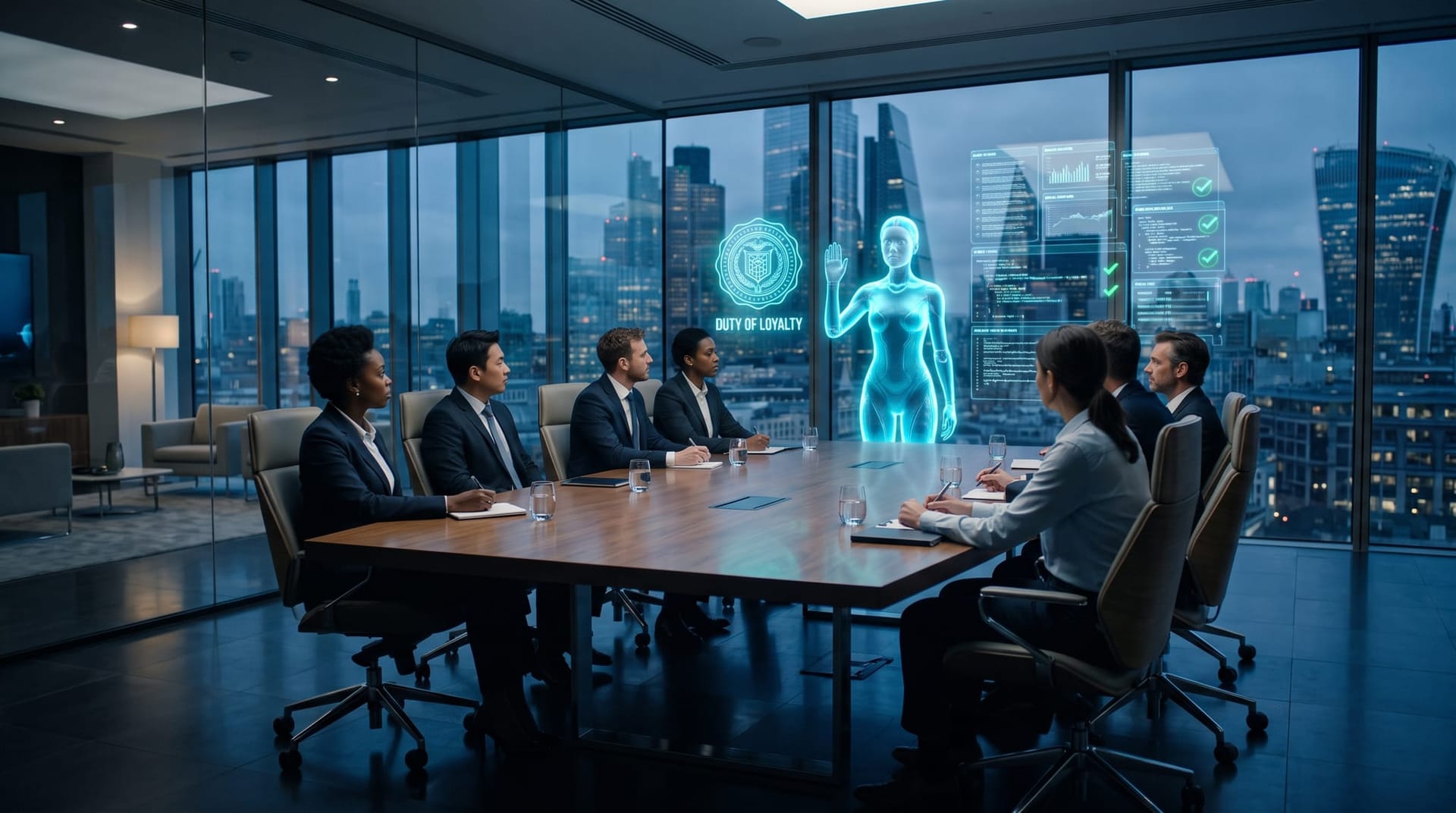 Holographic AI avatar standing before a business team beside a glowing duty-of-loyalty seal and audit-trail panels representing fiduciary-grade AI trustworthiness
