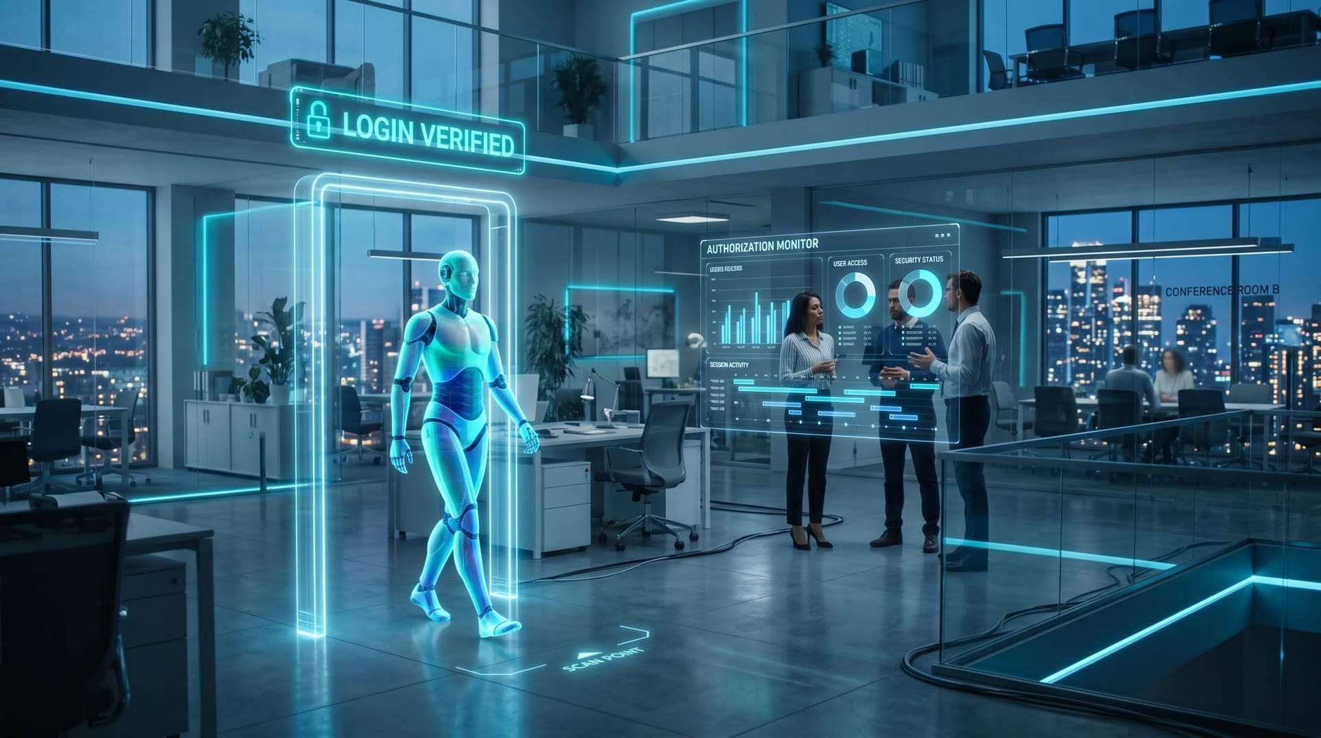 Translucent cyan AI Employee avatar walks past a glowing login checkpoint while a Fort Wayne security team studies a post-login authorization monitor in a glass office