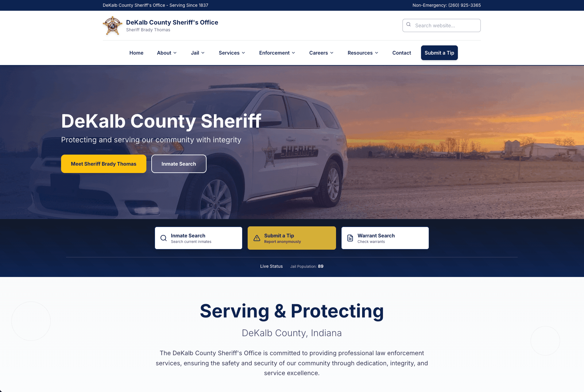 DeKalb County Sheriff's Office website — Digital Deputy AI Employee, Spillman integration, site-wide inmate search, and custom CMS built by Cloud Radix