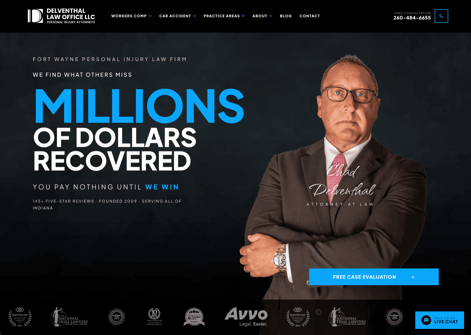 Delventhal Law Office website — Personal Injury Attorney Chad Delventhal — Millions of Dollars Recovered — Fort Wayne Indiana — built and run by James the AI Employee from Cloud Radix