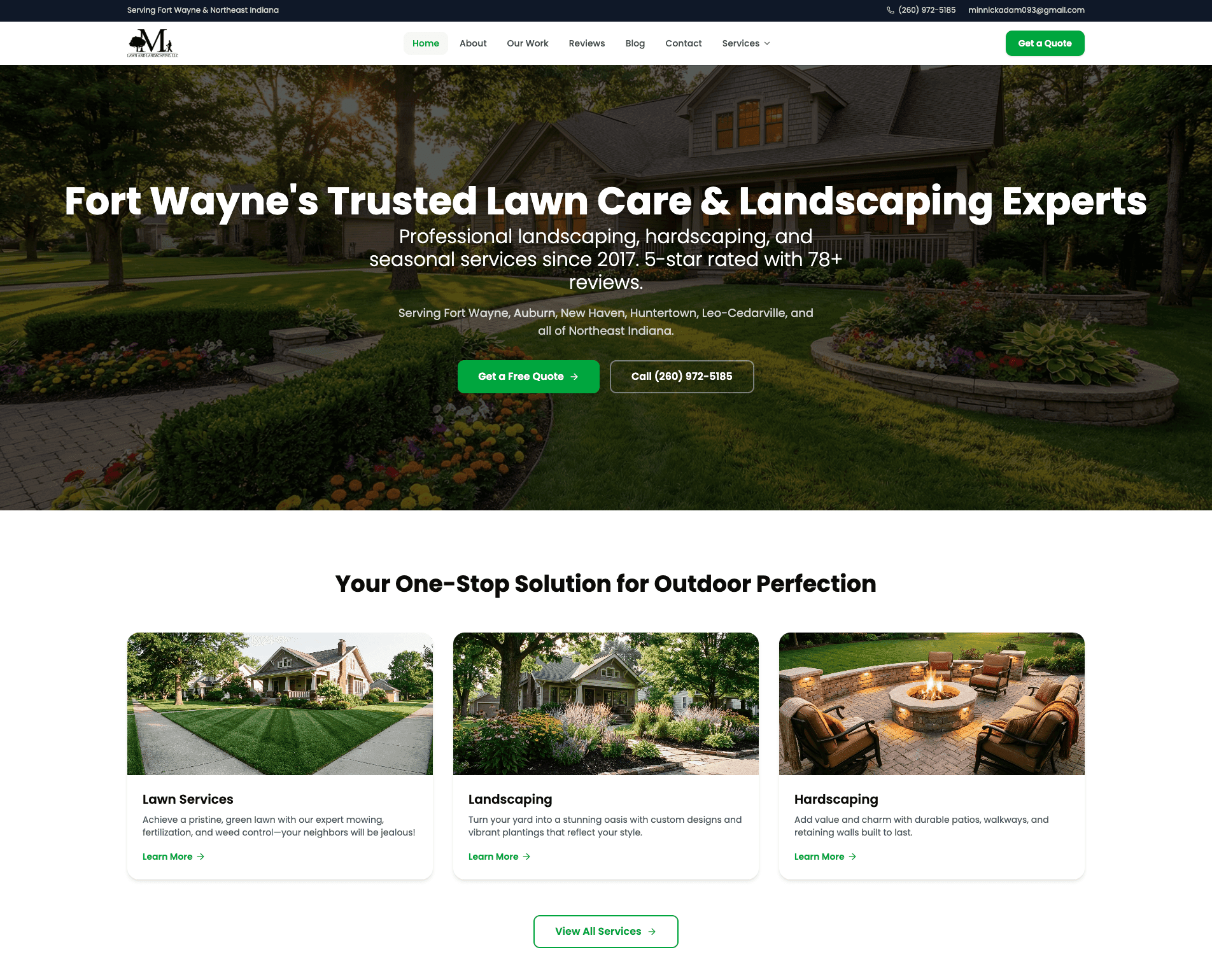 Minnick Lawn Care enterprise website homepage — professional landscaping, hardscaping, and lawn services built by Skywalker AI Employee from Cloud Radix